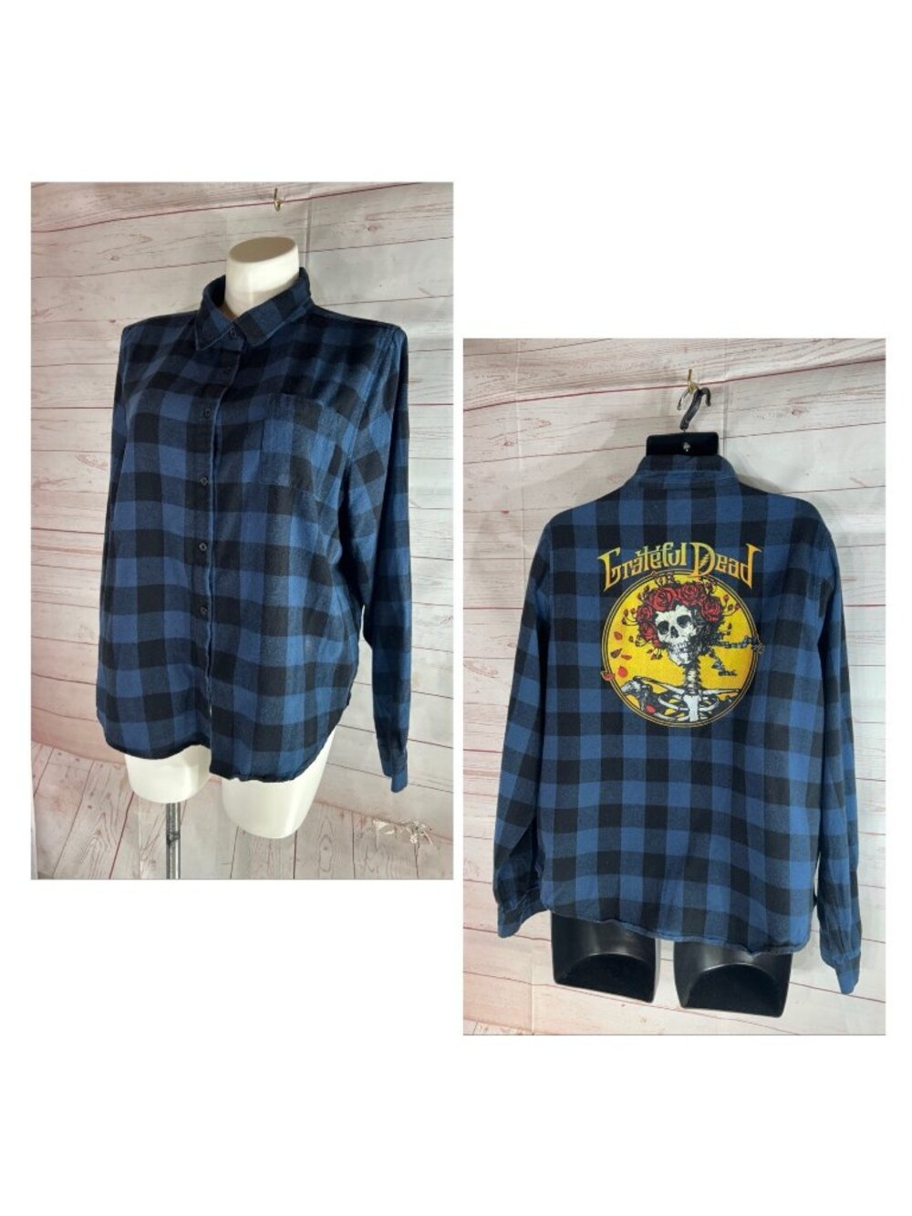 Grateful Dead Womens Flannel button up XXL Bertha Skull Roses Blue Black Plaid